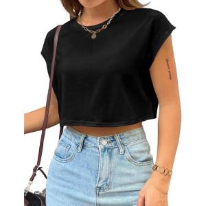 imageAvanova Women Oversized Batwing Boxy Tee Shirt Crewneck Loose Short Sleeve Crop TopBlack