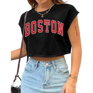 imageAvanova Women Oversized Batwing Boxy Tee Shirt Crewneck Loose Short Sleeve Crop TopBlack Boston