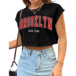 imageAvanova Women Oversized Batwing Boxy Tee Shirt Crewneck Loose Short Sleeve Crop TopBlack Brooklyn
