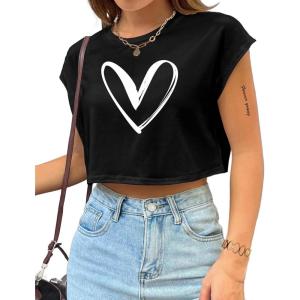 imageAvanova Women Oversized Batwing Boxy Tee Shirt Crewneck Loose Short Sleeve Crop TopBlack Heart