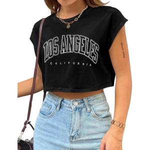 imageAvanova Women Oversized Batwing Boxy Tee Shirt Crewneck Loose Short Sleeve Crop TopBlack La