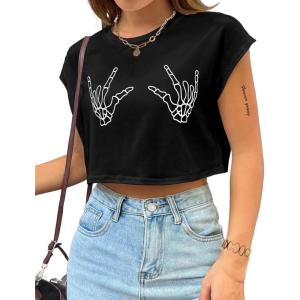 imageAvanova Women Oversized Batwing Boxy Tee Shirt Crewneck Loose Short Sleeve Crop TopBlack Skull