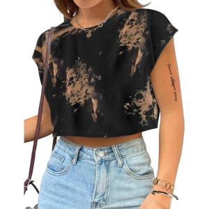 imageAvanova Women Oversized Batwing Boxy Tee Shirt Crewneck Loose Short Sleeve Crop TopBrown Black
