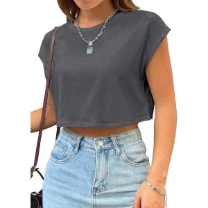 imageAvanova Women Oversized Batwing Boxy Tee Shirt Crewneck Loose Short Sleeve Crop TopDark Grey