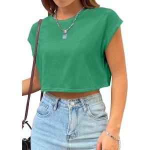 imageAvanova Women Oversized Batwing Boxy Tee Shirt Crewneck Loose Short Sleeve Crop TopGreen