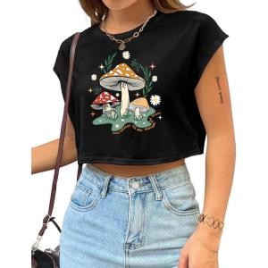 imageAvanova Women Oversized Batwing Boxy Tee Shirt Crewneck Loose Short Sleeve Crop TopMushroom Black