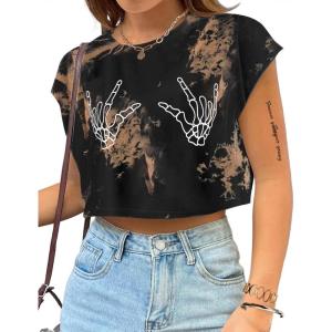 imageAvanova Women Oversized Batwing Boxy Tee Shirt Crewneck Loose Short Sleeve Crop TopSkull Brown Black