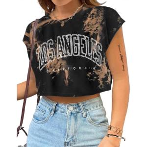 imageAvanova Women Oversized Batwing Boxy Tee Shirt Crewneck Loose Short Sleeve Crop TopTie Dye Brown