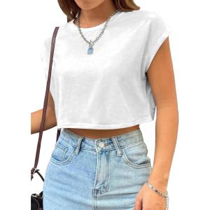 imageAvanova Women Oversized Batwing Boxy Tee Shirt Crewneck Loose Short Sleeve Crop TopWhite