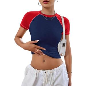 imageAvanova Women Raglan Colorblock Baby Tee Shirt Short Sleeve Summer Casual TopsBlue Red