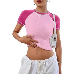imageAvanova Women Raglan Colorblock Baby Tee Shirt Short Sleeve Summer Casual TopsPink