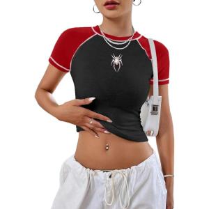 imageAvanova Women Raglan Colorblock Baby Tee Shirt Short Sleeve Summer Casual TopsRed Black Spider