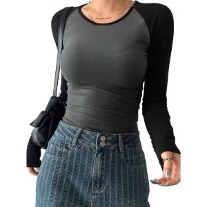 imageAvanova Women Raglan Colorblock Long Sleeve Crewneck Tee Shirts Slim Casual TopsBlack Grey