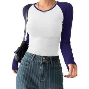 imageAvanova Women Raglan Colorblock Long Sleeve Crewneck Tee Shirts Slim Casual TopsBlue White