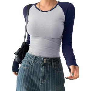 imageAvanova Women Raglan Colorblock Long Sleeve Crewneck Tee Shirts Slim Casual TopsGrey Black Blue