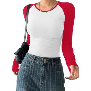 imageAvanova Women Raglan Colorblock Long Sleeve Crewneck Tee Shirts Slim Casual TopsRed White
