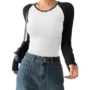 imageAvanova Women Raglan Colorblock Long Sleeve Crewneck Tee Shirts Slim Casual TopsWhite Black