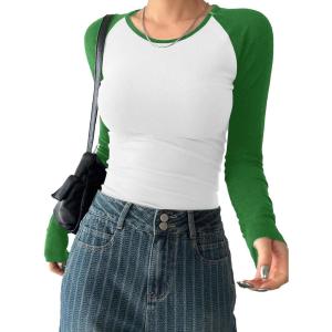 imageAvanova Women Raglan Colorblock Long Sleeve Crewneck Tee Shirts Slim Casual TopsWhite Green