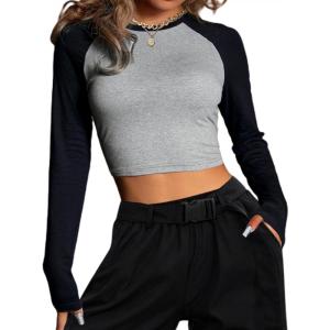 imageAvanova Women Raglan Long Sleeve Crew Neck Crop Top Color Block Casual Tee ShirtsBlack Grey
