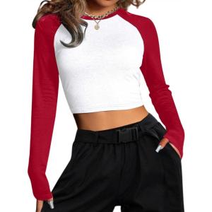 imageAvanova Women Raglan Long Sleeve Crew Neck Crop Top Color Block Casual Tee ShirtsRed White