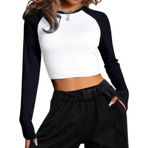 imageAvanova Women Raglan Long Sleeve Crew Neck Crop Top Color Block Casual Tee ShirtsWhite Black