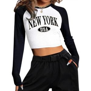 imageAvanova Women Raglan Long Sleeve Crew Neck Crop Top Color Block Casual Tee ShirtsWhite Black E