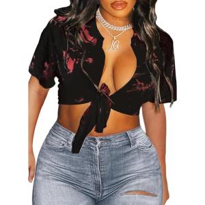 imageAvanova Women Sexy Tie Front Crop Tops Short Sleeve Summer Casual Club Tee ShirtRed Black