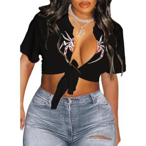 imageAvanova Women Sexy Tie Front Crop Tops Short Sleeve Summer Casual Club Tee ShirtSpider Blackk