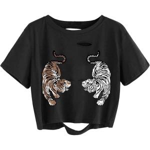 imageAvanova Women Skull Finger Graphic Distressed Tee Shirt Ripped Short Sleeve Crop TopsBlack 2 Tiger