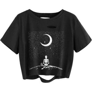 imageAvanova Women Skull Finger Graphic Distressed Tee Shirt Ripped Short Sleeve Crop TopsBlack Moon