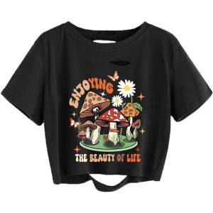 imageAvanova Women Skull Finger Graphic Distressed Tee Shirt Ripped Short Sleeve Crop TopsBlack Mushroom