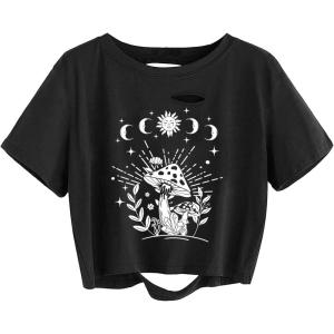 imageAvanova Women Skull Finger Graphic Distressed Tee Shirt Ripped Short Sleeve Crop TopsBlack Mushroomb