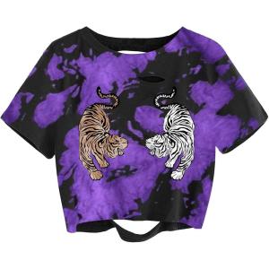 imageAvanova Women Skull Finger Graphic Distressed Tee Shirt Ripped Short Sleeve Crop TopsBlack Purple Tiger