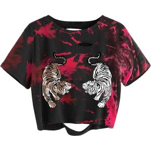 imageAvanova Women Skull Finger Graphic Distressed Tee Shirt Ripped Short Sleeve Crop TopsBlack Red Tiger