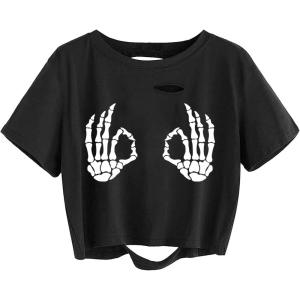 imageAvanova Women Skull Finger Graphic Distressed Tee Shirt Ripped Short Sleeve Crop TopsBlack Skull