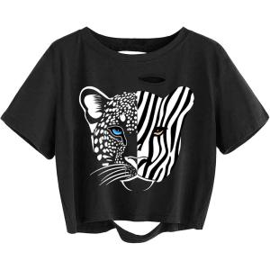 imageAvanova Women Skull Finger Graphic Distressed Tee Shirt Ripped Short Sleeve Crop TopsBlack Tigera