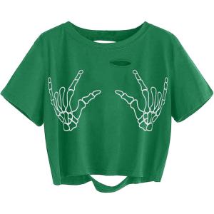 imageAvanova Women Skull Finger Graphic Distressed Tee Shirt Ripped Short Sleeve Crop TopsGreen
