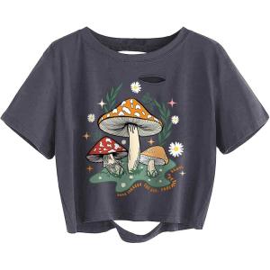 imageAvanova Women Skull Finger Graphic Distressed Tee Shirt Ripped Short Sleeve Crop TopsGrey Mushroom