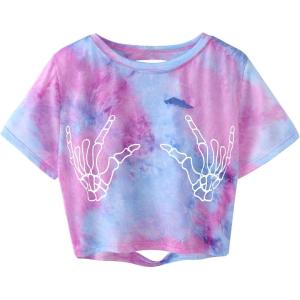 imageAvanova Women Skull Finger Graphic Distressed Tee Shirt Ripped Short Sleeve Crop TopsPurple Blue