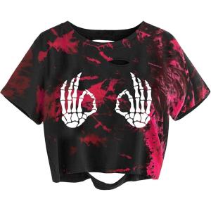 imageAvanova Women Skull Finger Graphic Distressed Tee Shirt Ripped Short Sleeve Crop TopsRed Skull
