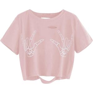 imageAvanova Women Skull Finger Graphic Distressed Tee Shirt Ripped Short Sleeve Crop TopsSkull Pink