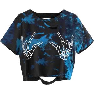 imageAvanova Women Skull Finger Graphic Distressed Tee Shirt Ripped Short Sleeve Crop TopsTie Dye Blue