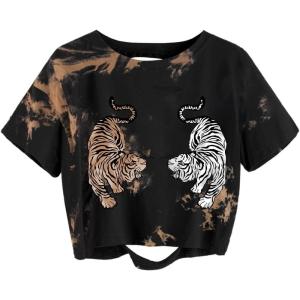 imageAvanova Women Skull Finger Graphic Distressed Tee Shirt Ripped Short Sleeve Crop TopsTie Dye Brown 2 Tiger