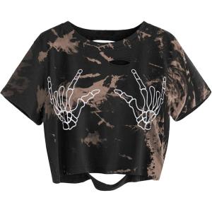 imageAvanova Women Skull Finger Graphic Distressed Tee Shirt Ripped Short Sleeve Crop TopsTie Dye Brown