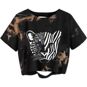 imageAvanova Women Skull Finger Graphic Distressed Tee Shirt Ripped Short Sleeve Crop TopsTie Dye Brown Tiger