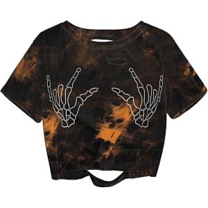 imageAvanova Women Skull Finger Graphic Distressed Tee Shirt Ripped Short Sleeve Crop TopsTie Dye Orange