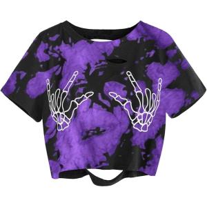 imageAvanova Women Skull Finger Graphic Distressed Tee Shirt Ripped Short Sleeve Crop TopsTie Dye Purple