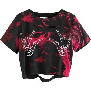 imageAvanova Women Skull Finger Graphic Distressed Tee Shirt Ripped Short Sleeve Crop TopsTie Dye Red