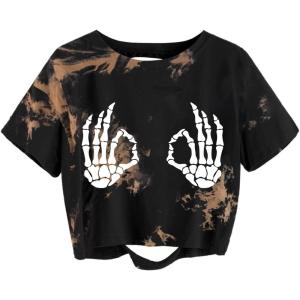 imageAvanova Women Skull Finger Graphic Distressed Tee Shirt Ripped Short Sleeve Crop TopsTie Dye Skull