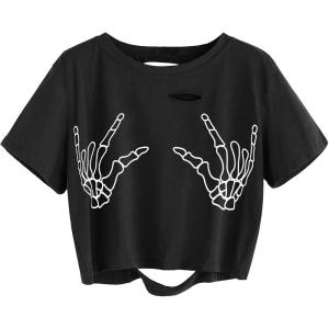 imageAvanova Women Skull Finger Graphic Distressed Tee Shirt Ripped Short Sleeve Crop TopsU Black